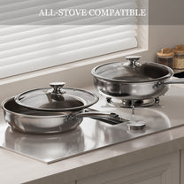 10" Stainless Steel Frying Pan, Non-Toxic Tri-Ply Stainless Steel Skillet with Lid, PFOA&PTFE Free